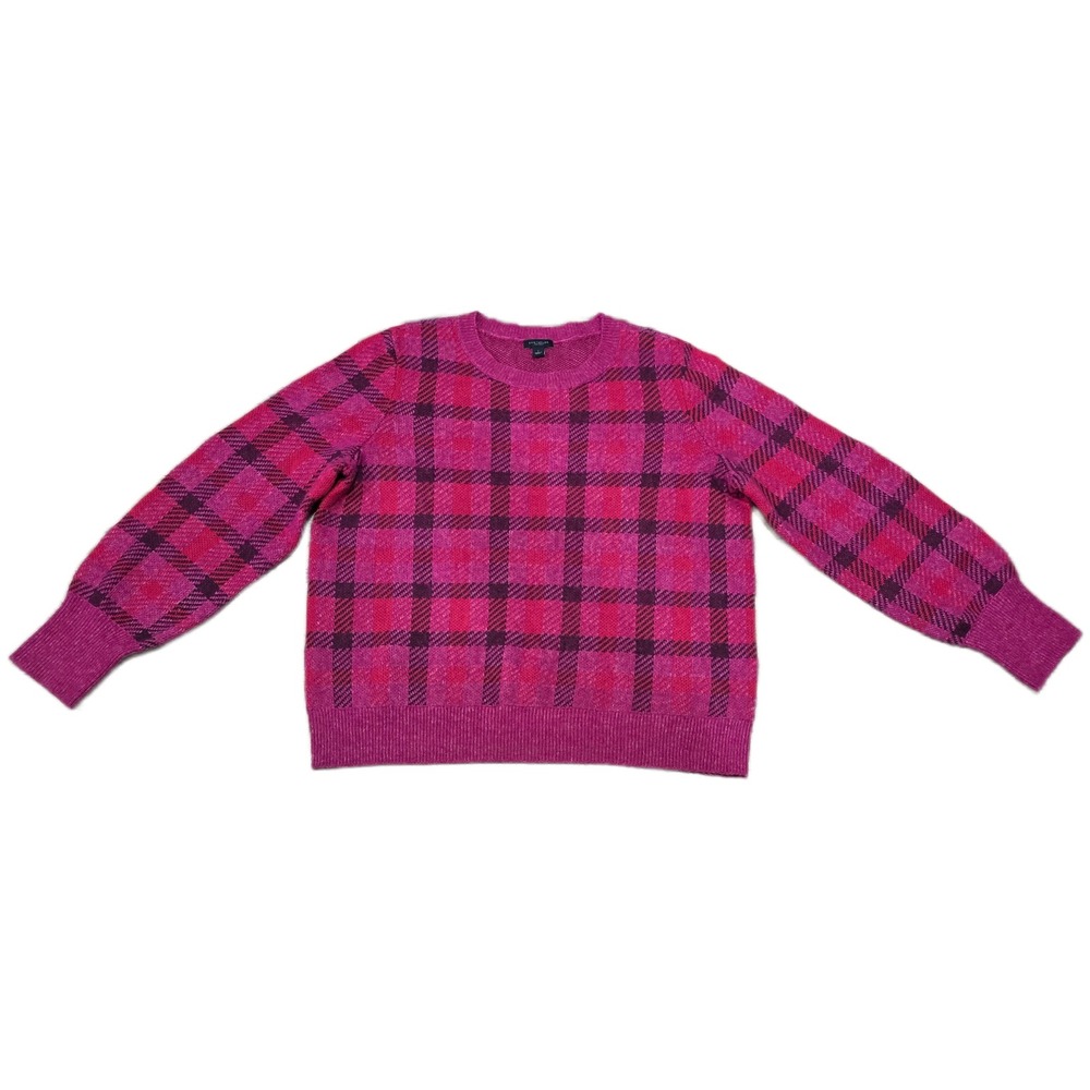 Ann Taylor Factory Pink Plaid Crew Neck Sweater Womens Size Large Magenta Purple